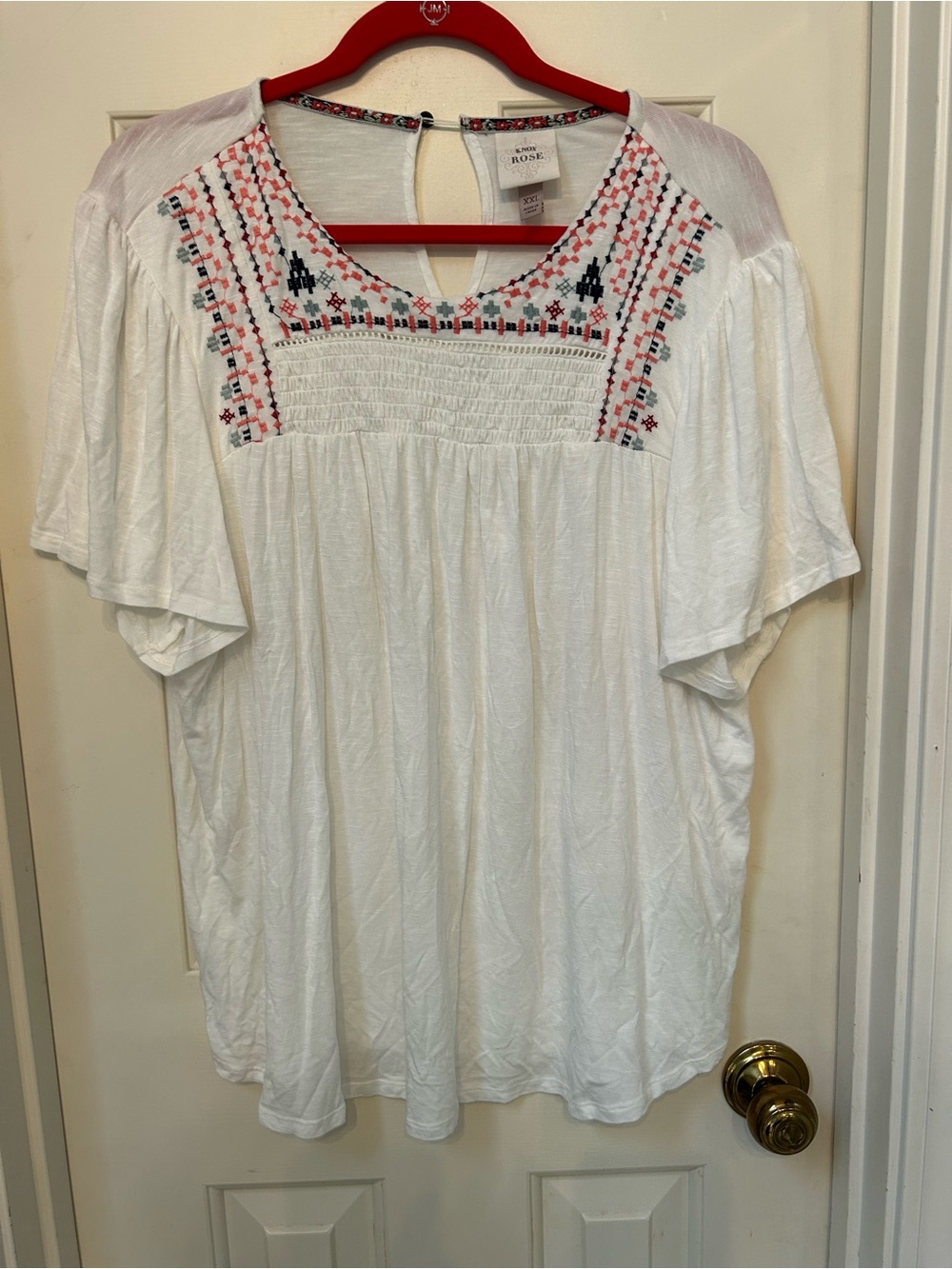 Knox Rose White Boho Tunic with Coral and Navy Embroidery